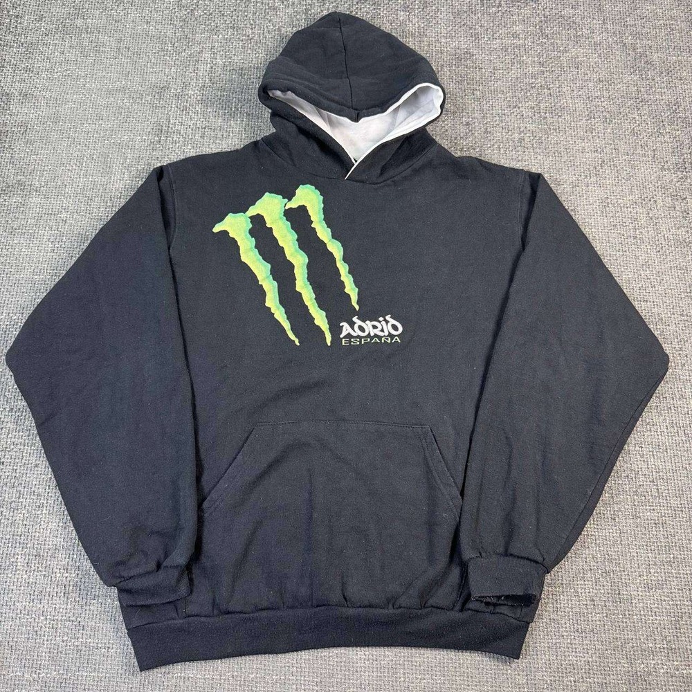 Monster Energy Adrio España Hoodie Mens XL Black Neon Green Graphic Y2K Spain